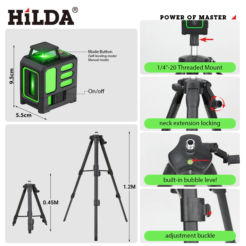 HILDA Laser-Nivelliergerät 2 Linien/5 Linien 360° Automatische Nivellierung Baustellengerät Grünes Licht Kreuzlaser Gutes Geschenk – Detail 2