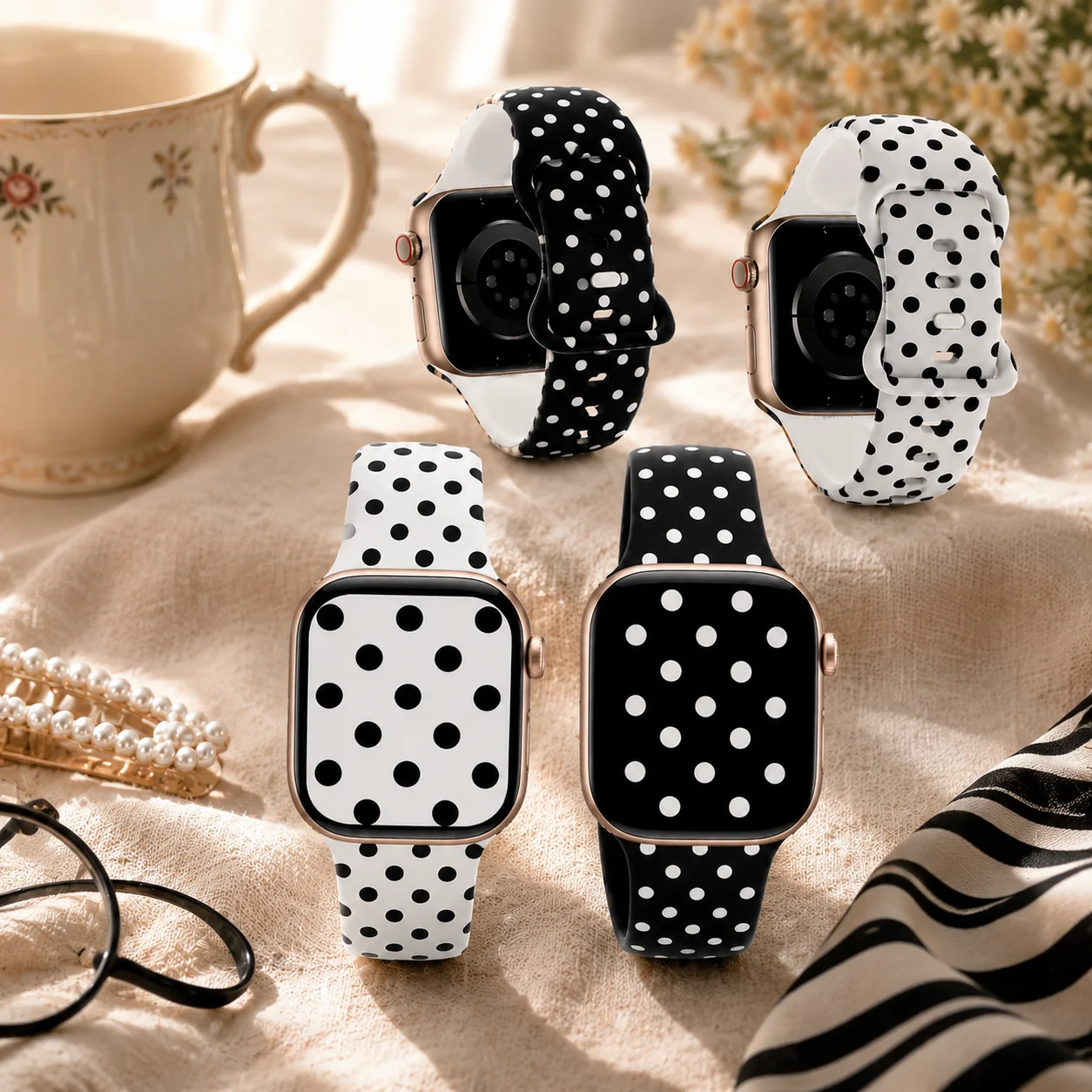Stylish Watch Band for Apple Watch 40/41/42/44/45/46/49mm, Black and White Polka Dot Soft Silicone Strap, iWatch Series11 10 987