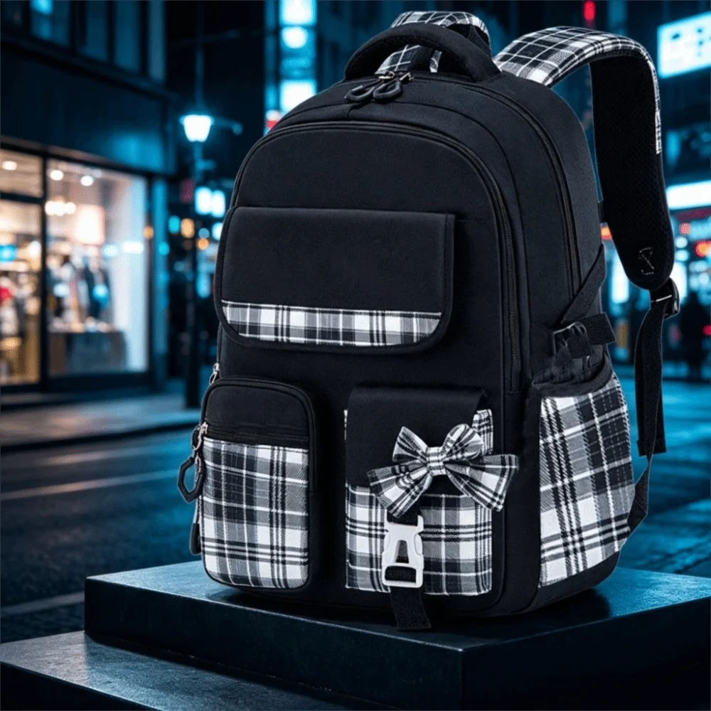 Large Capacity School Backpack Plaid Checkered Student Backpack Bow Multiple Pockets Girls Backpack Back To School