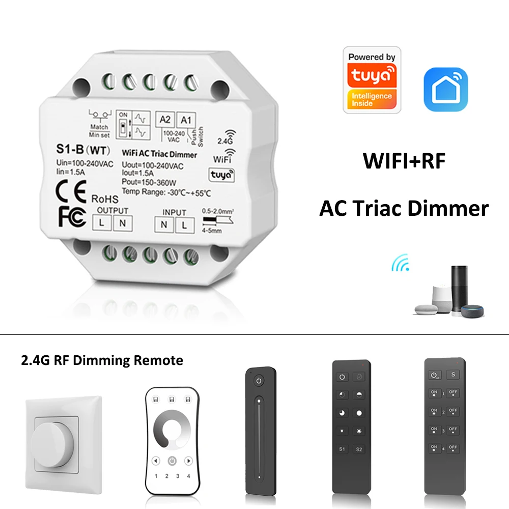 Tuya Smart Life WiFi RF AC Triac Dimmer LED Controller Push Switch 110V 220V 230V Wireless Remote Smart Home Alexa Google Home