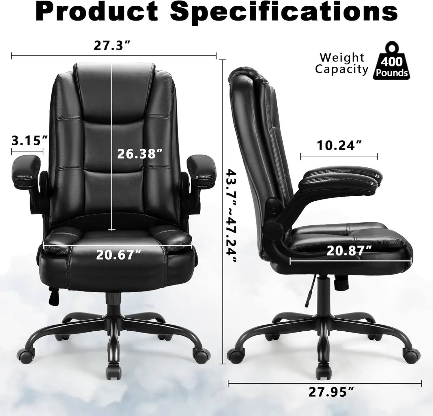 Ergonomic Big and Tall Adjustable High Back Office Chair Lumbar Support Padded Arms Swivel Leather Executive Comfortable