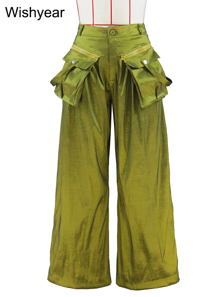 Pantalones Cargo de pierna ancha con bolsillos de retazos Vintage para mujer, ropa de calle de alta calidad, pantalones holgados sólidos, ropa de discoteca de cumpleaños