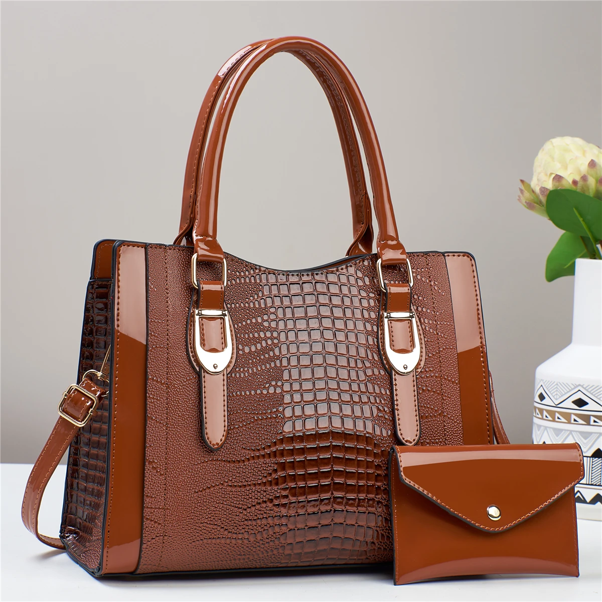 2pcs Glossy Crocodile Pattern Handbag Set, Fashion Top Handle Tote Bag, Women\'s Crossbody Bag With Mini Card Coin Purse