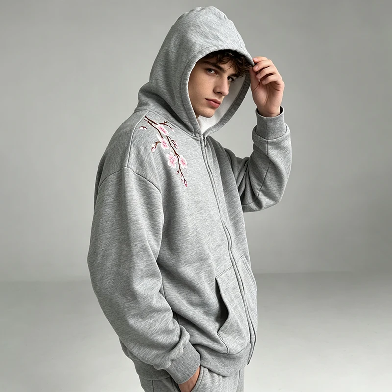 2026 Women Sakura Cherry Blossom Print Zip Up Hoodie Grey Long Sleeve Hooded Sweatshirt Loose Floral Graphic Streetwear