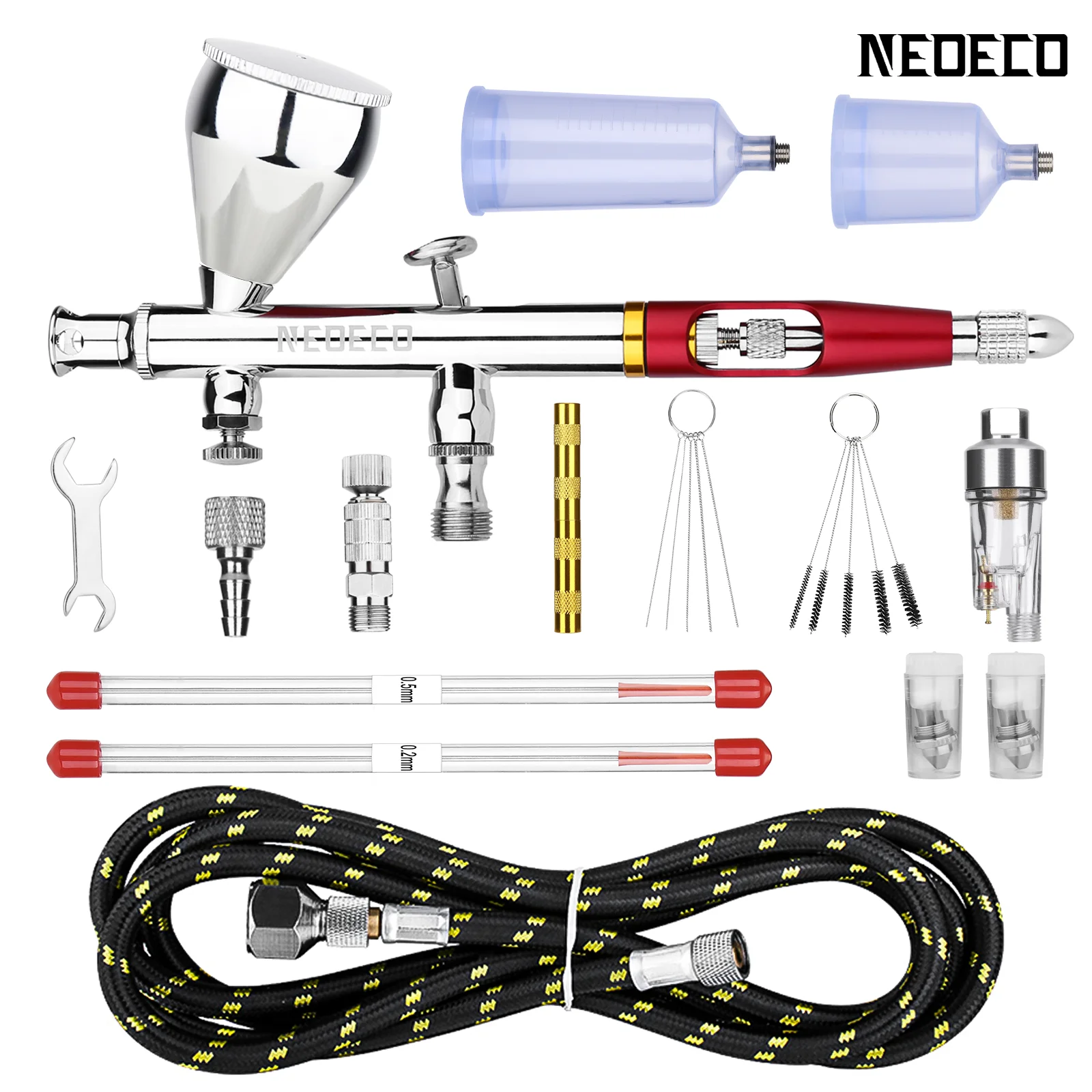 NEOECO NCT-SJ83RS1 Dual Action Airbrush 9cc 1/3 oz vloeistofbekers snel verwijderen luchtkap mondstuk zwaartekrachttoevoer met accessoires