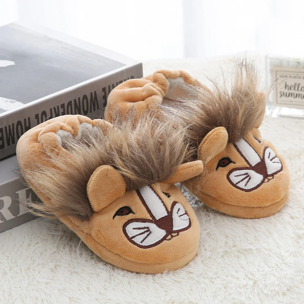 Fashion Toddler Boys Slippers for Winter Baby Loafers Plush Warm Cartoon Lion Rubber Sole Child Home Shoes Kids Indoor Footwear