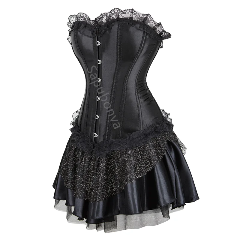 Sapubonva Corset Dress Overbust Bustier Skirt Set Lace Women Sexy Vintage Fashion Plus Size Gothic Victorian Costume Burlesque