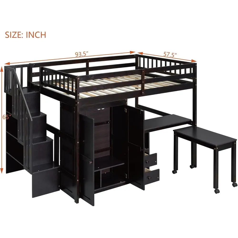 Solid Wood Loft Bed with Desk, Wardrobe, and Storage Stairs - Safety Rails Included for Kids, Teens, and Adults - No Box Spring