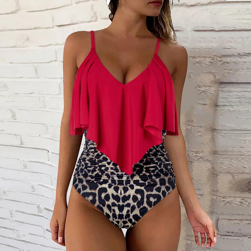 One Piece Swimsuit Women  V Neck Swimwear Solid Tummy Control Bathing Suit XL Size Swimming Summer Beachwear Monokini Women