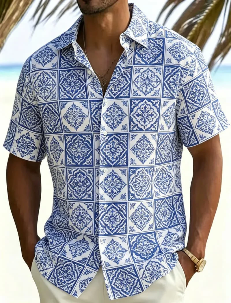 Men's Mediterranean Tile Printed Hawaiian shirt, Elegant Tropical style, Suitable For Holiday Travel And Daily Wear