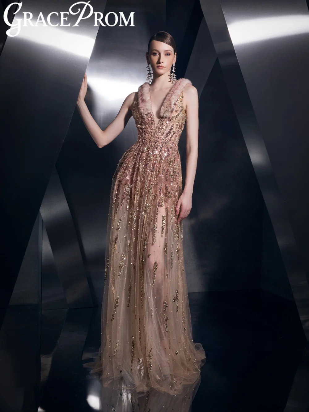 

Блестящая вышивка бисером вечернее платье с мехом с v-образным вырезом трапециевидной формы длиной до пола, свадебное платье, элегантные банкетные платья по индивидуальному заказу