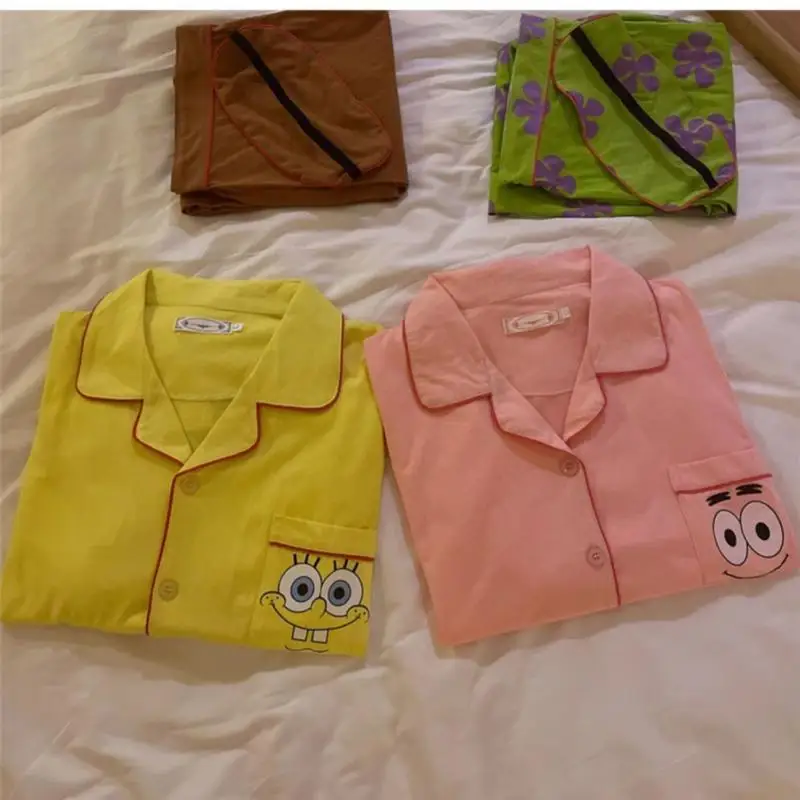 Spongebob Long Sleeved Pajamas Sets Cute Cartoon Couple Nightwear Suit 2 Piece Set Soft Cotton Spring Autumn Man Women Clothes