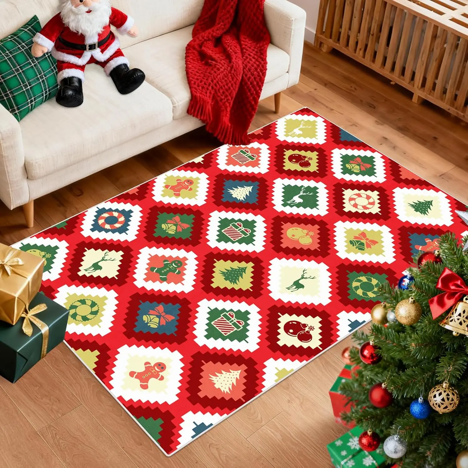Washable Christmas Area Rug, Xmas Non-Slip Vintage Hallway Rug with Upgrade Rubber Backing, Stain Resistant Faux Wool Distressed