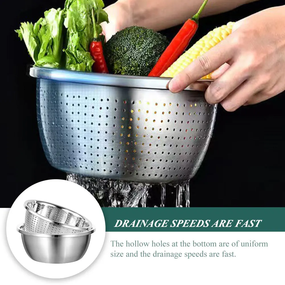 

1 Set Stainless Steel Mixing Bowl Multi-Function Drain Basin For Kitchen Vegetable Fruit Washing Rice Strainer Reusable Storage