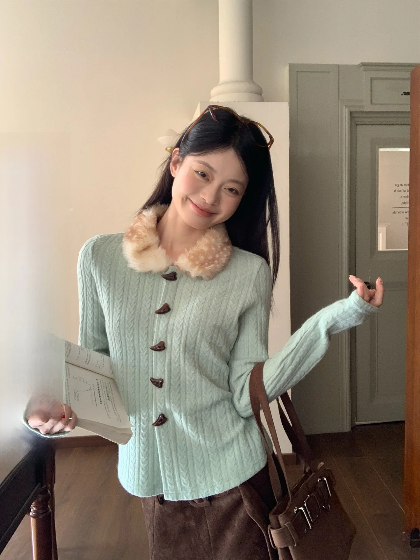 

Song Zhengen Women's Knitted Cardigan Sweater Coat een Fur Collar Loose Fit Long Sve round Ne Button up Korean Sle