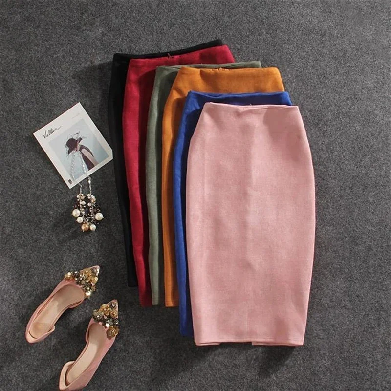 

Fall Pink High Waisted Bodycon Hip Pencil Skirt for Women Dressy Casual Faux Suede Back Split Office Work Skirt Streetwear