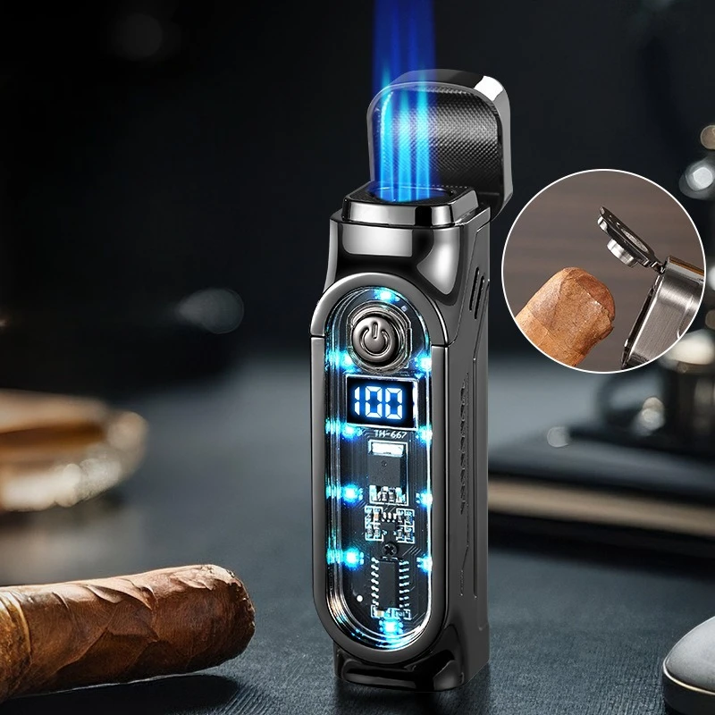 Smart 3 Flame Gas Cigar Lighter, Digital Display, with Cigar Drill, LED Light, Portable Multi-functional Ignition Lighter view 2