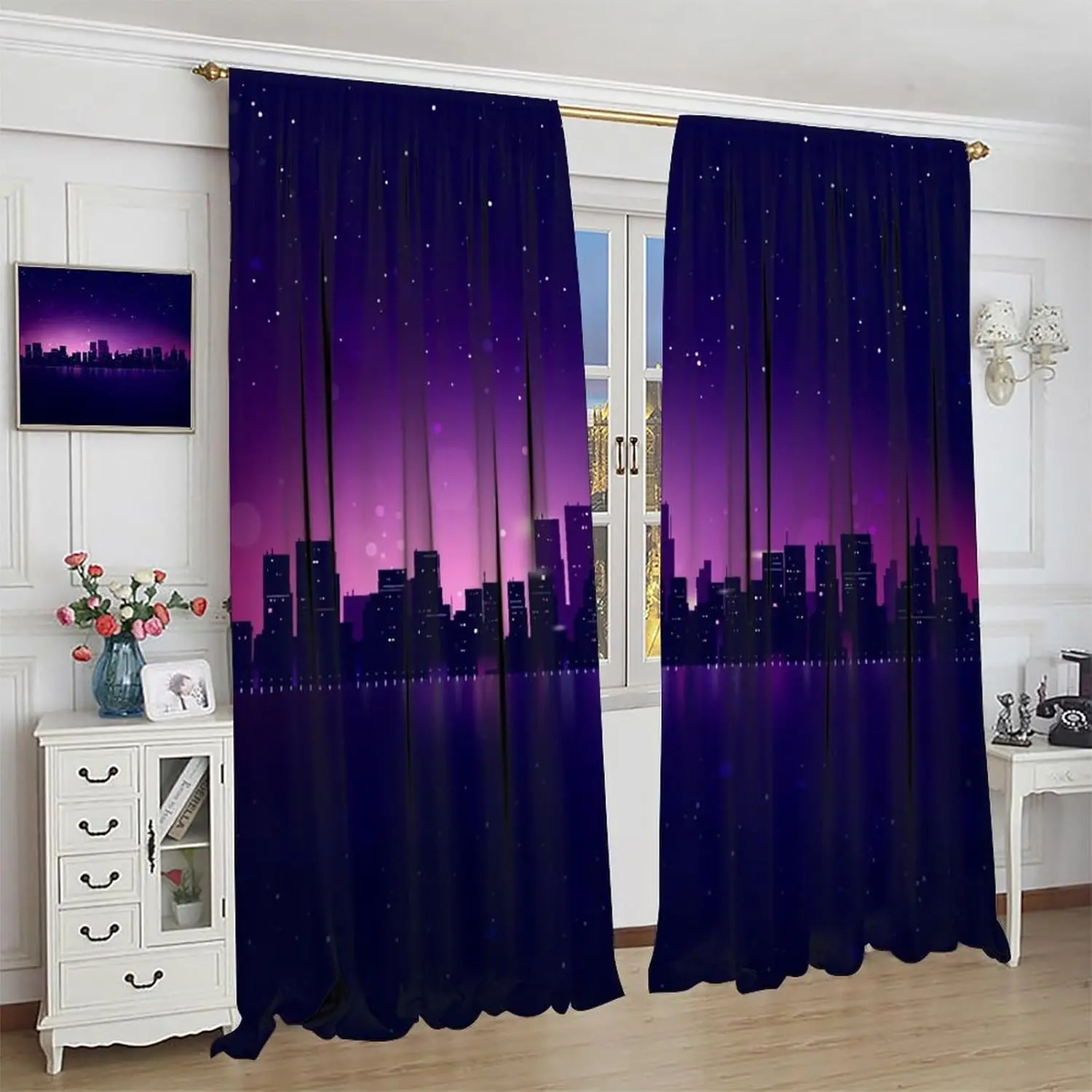 City Skyline Blackout Curtains,Midnight Cityscape Purple Urban Starry Sky Printed Curtains for Bedroom Living Room,Window Drapes