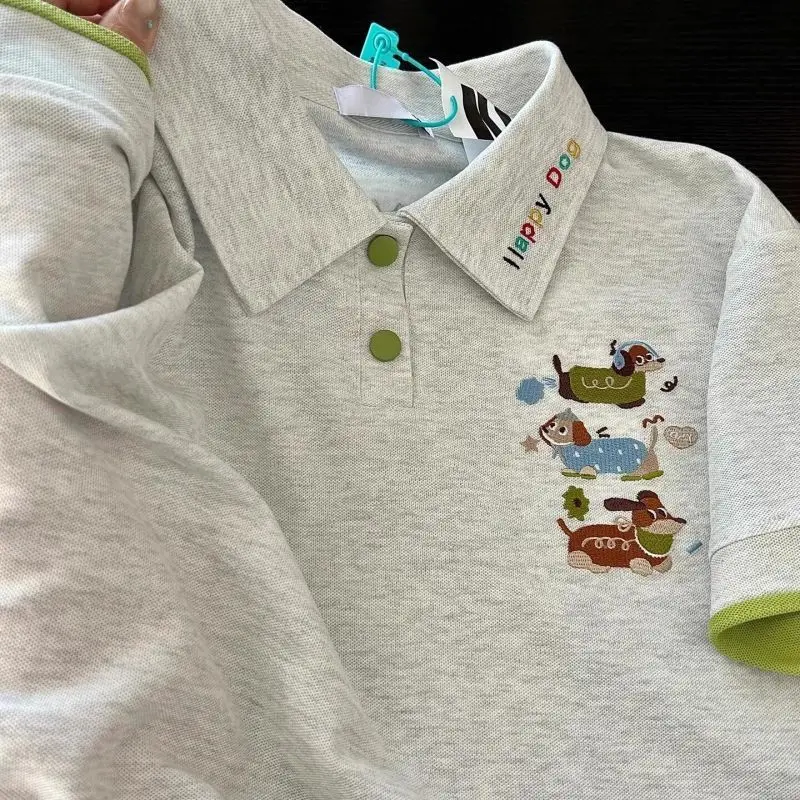 

Contrast Color POLO Collar Embroidered Sausage Dog Short-sleeved T-shirt for Women Niche Design Loose Couple Tops