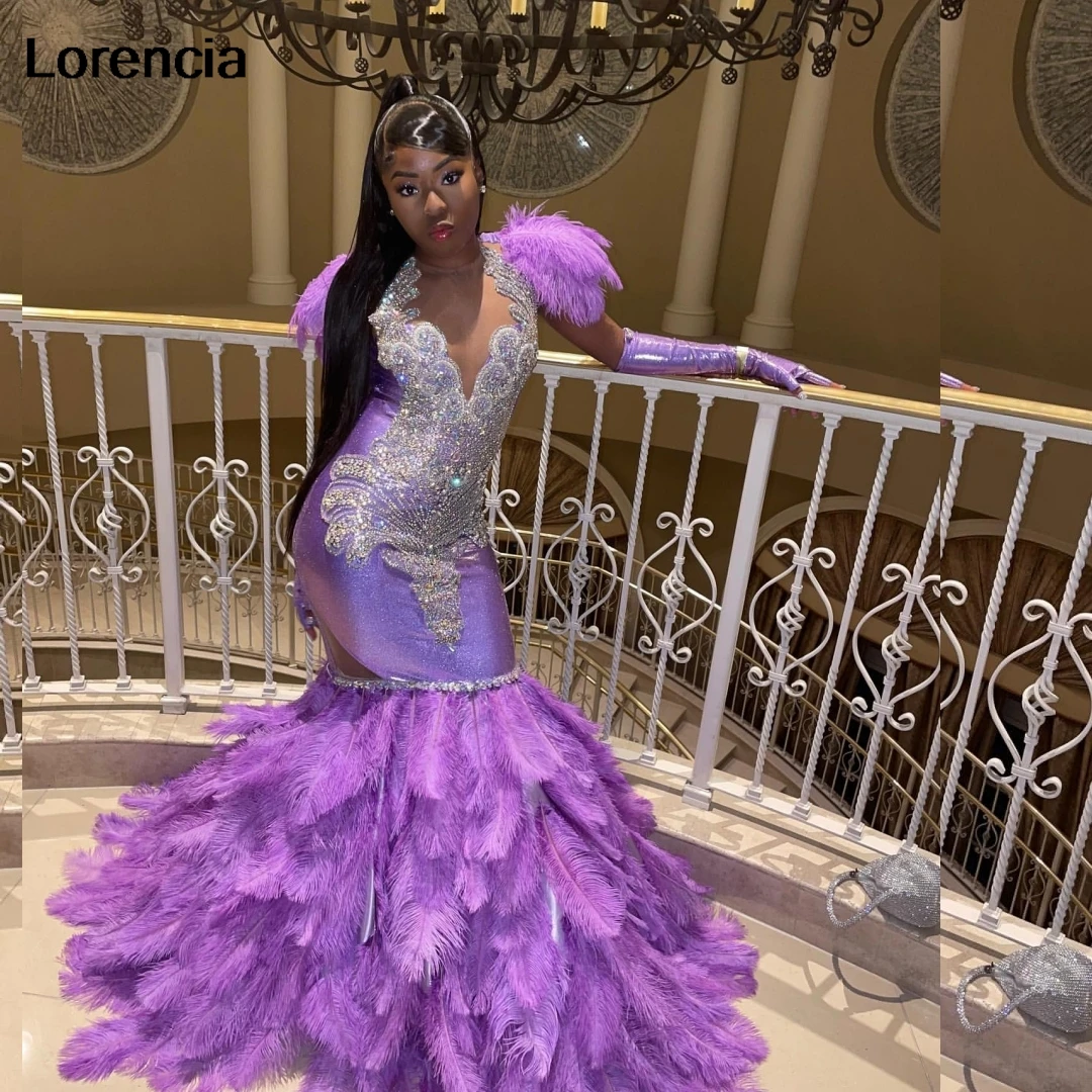 

Lorencia Sexy Purple Feathers Mermaid Prom Dress For Black Girls Silver Crystal Beaded Party Gala Gown Vestidos De Festa YPD121