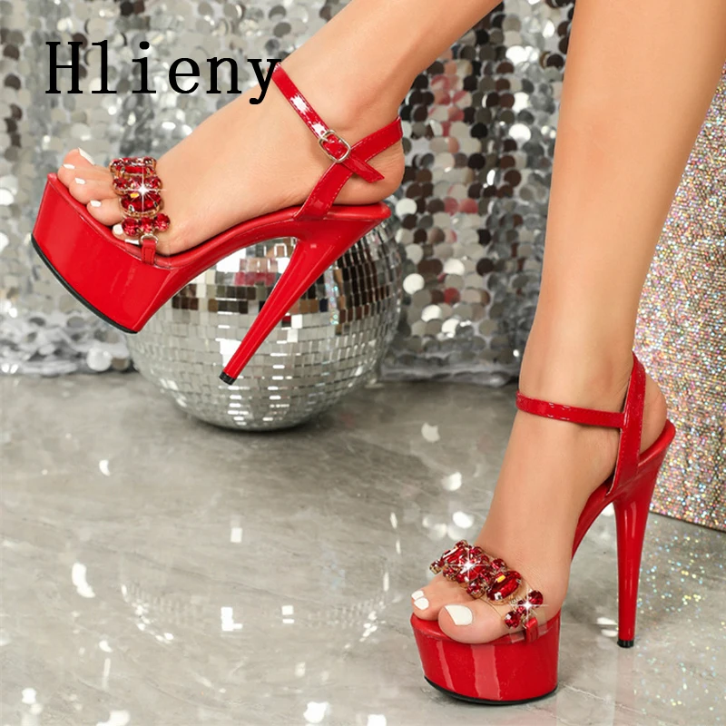 

Hlieny Solid Platform Crystal Supe Stiletto High Heels Women Sandals Fashion Peep Toe Buckle Strap Pumps Design Party Shoes