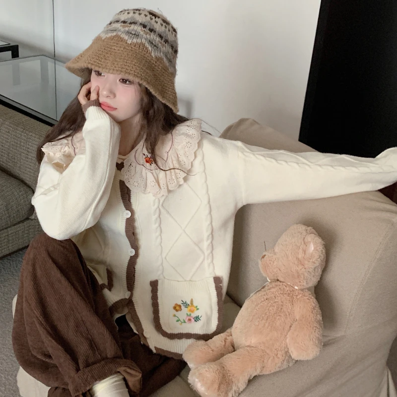 Sweet Knitted Jackets Women Panelled Soft Gentle Flower Embroidery Design Slouchy French Style Aesthetic Casual College Girls