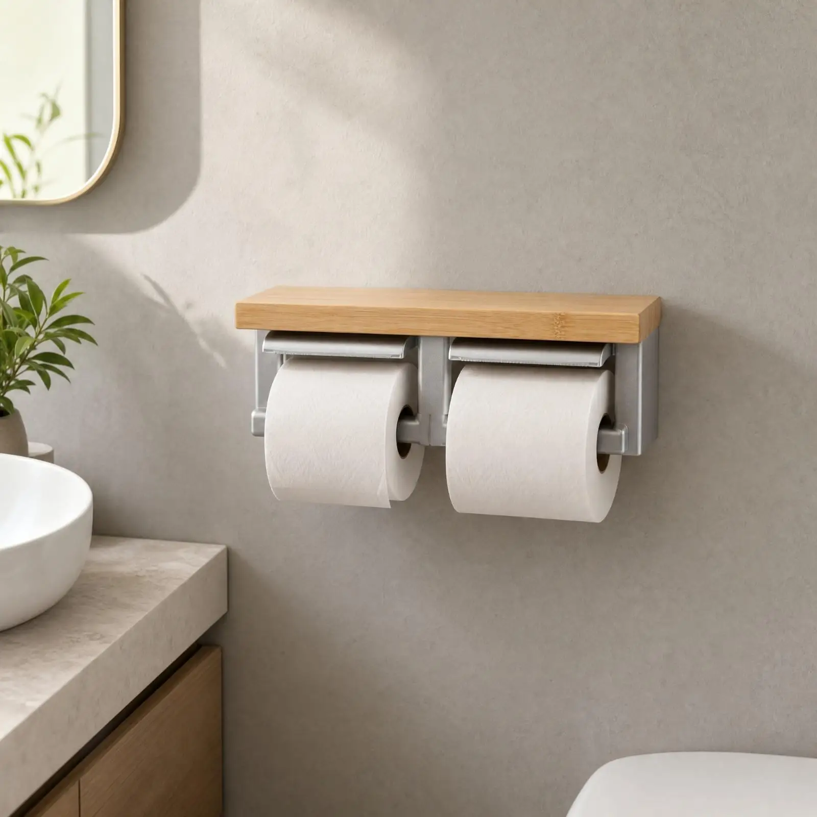 Wall Mounted Bamboo Toilet Paper Dispenser with Shelf Two Roll Holder and Hooks for Small Bathroom Organizer