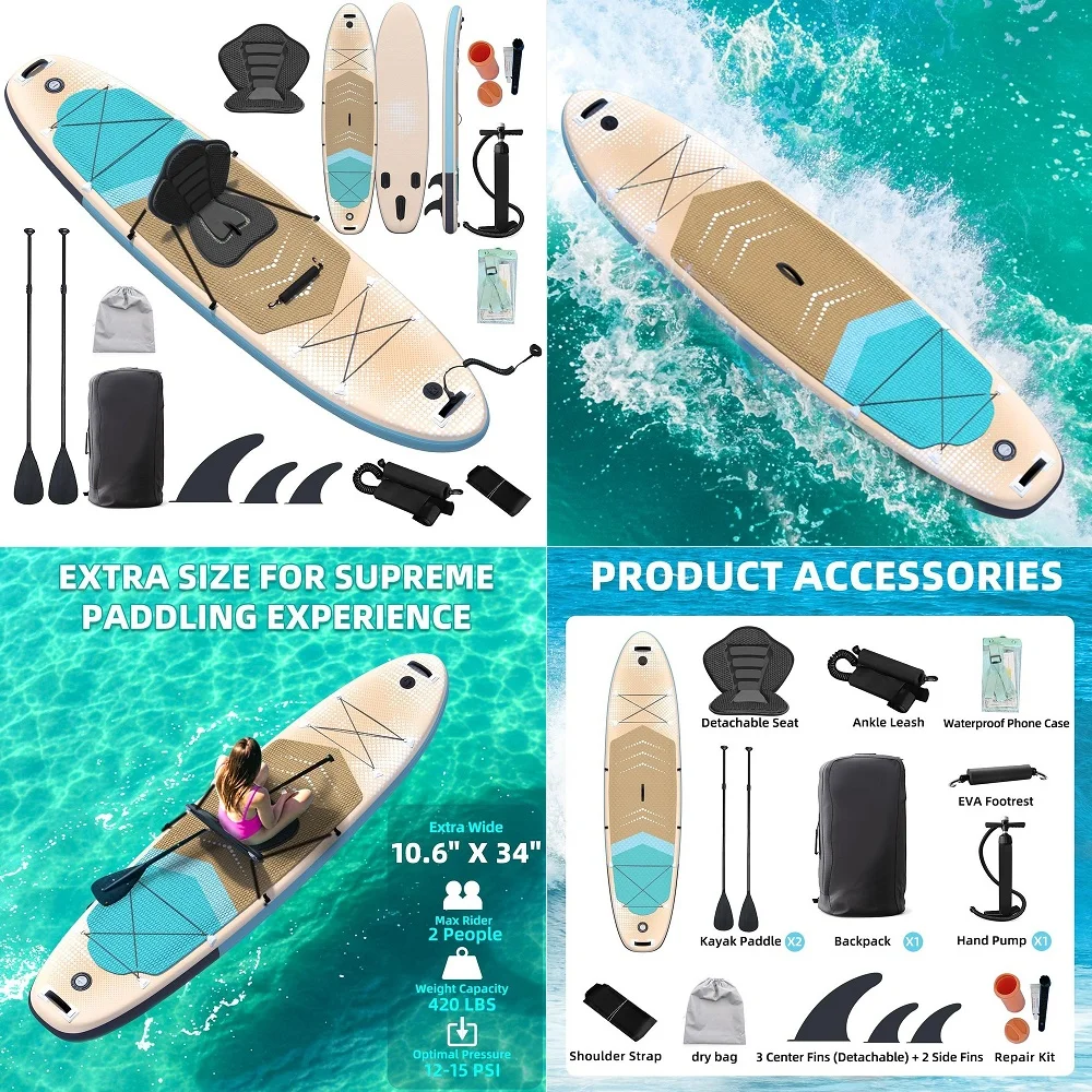 

Inflatable Stand Up Paddle Board with Strapped Seat, Premium SUP Board Kit, Includes Paddle, Pump, Backpack, Waterproof Bag, Pe
