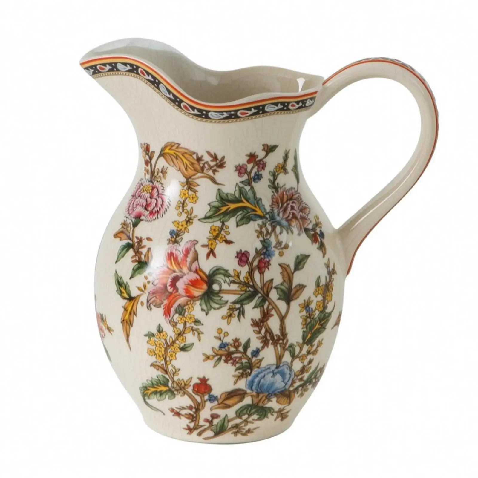 French Country Ceramic Vase Pitcher Asymmetrical Rim Curved Handle Crackle Glaze Floral Decoration Flower Vase for Entryway