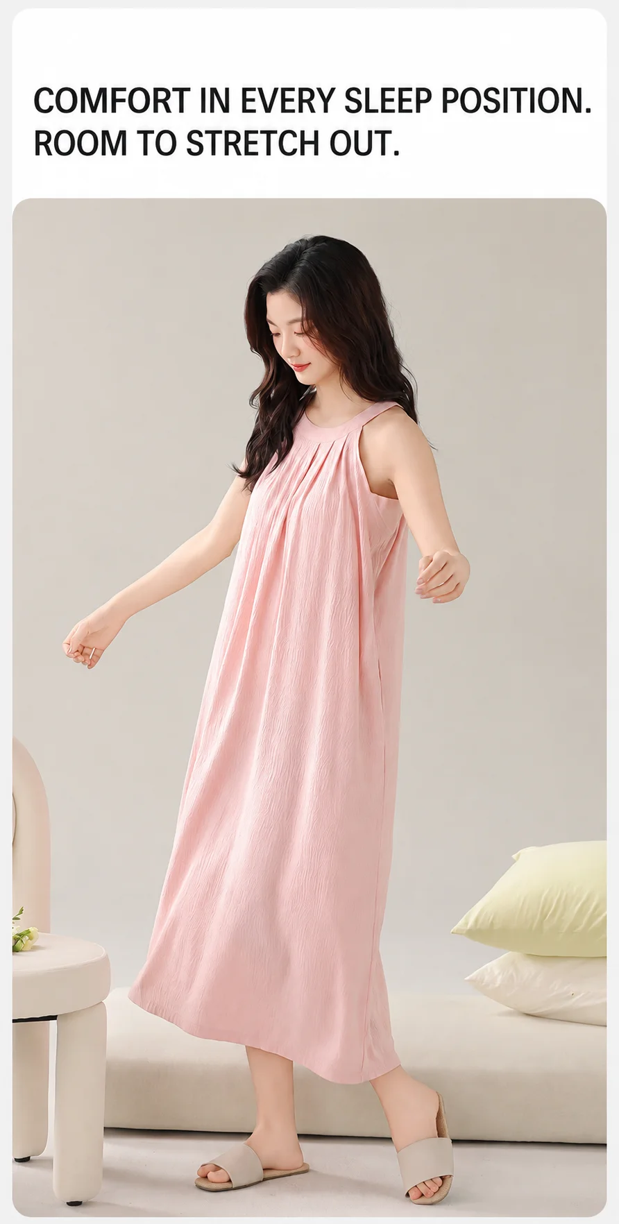 Damen Gepolstertes Ärmelloses Nachthemd mit Eingebautem BH, Herausnehmbaren Polstern, Langes, Weiches Schlafkleid, Sommer-Loungewear, Hauskleid mit Tasche – Detail 19