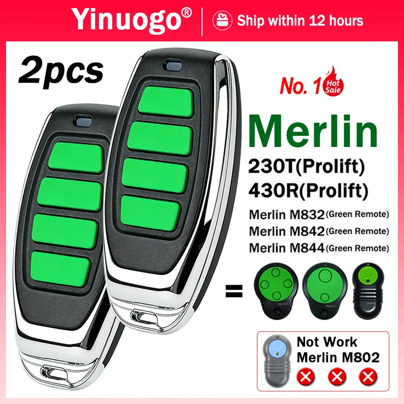 Special offer 2pcs MERLIN M842 1A6487 M844 M832 433.92MHz Replacement Green Garage Door Remote Control Merlin ProLift 230T 430R