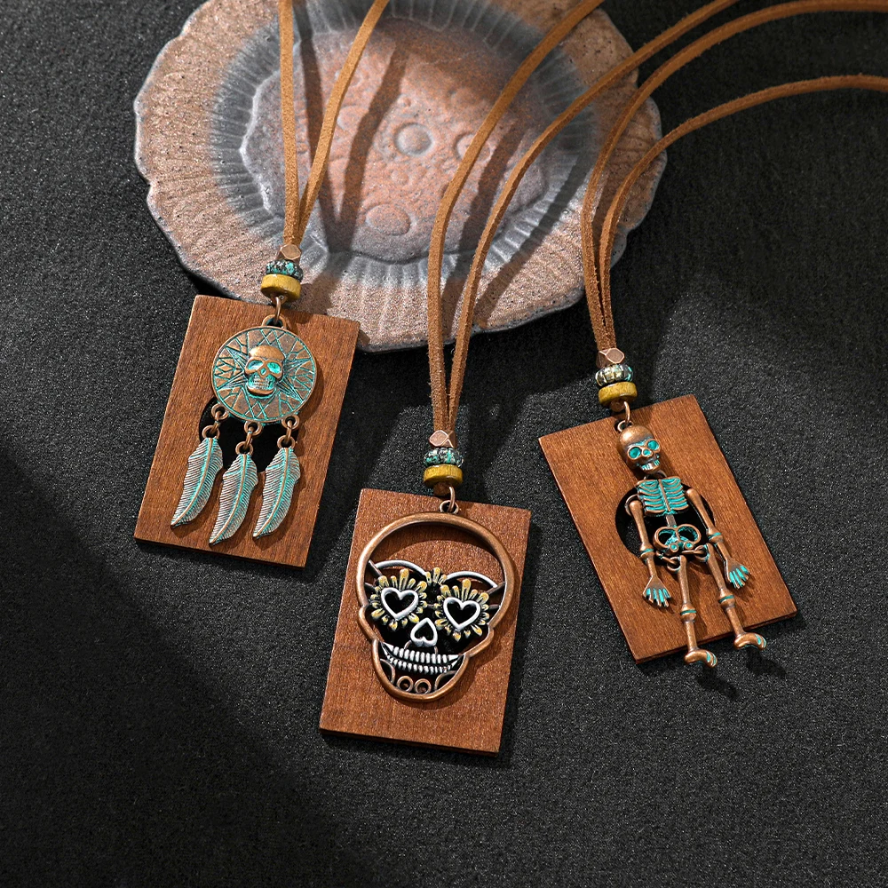 Vintage Western-Style Skull Wooden Plaque Long Necklace with Leather Cord – Ethnic-Style Skeleton Pendant for Women
