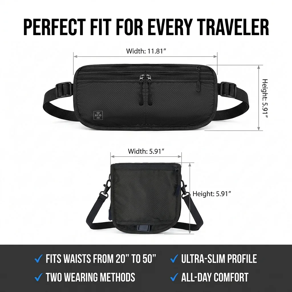 Riñonera de Viaje con Bloqueo RFID, Cinturón Delgado Antirrobo para Dinero con Diseño Multiusos, Cartera RFID Impermeable para Tarjetas