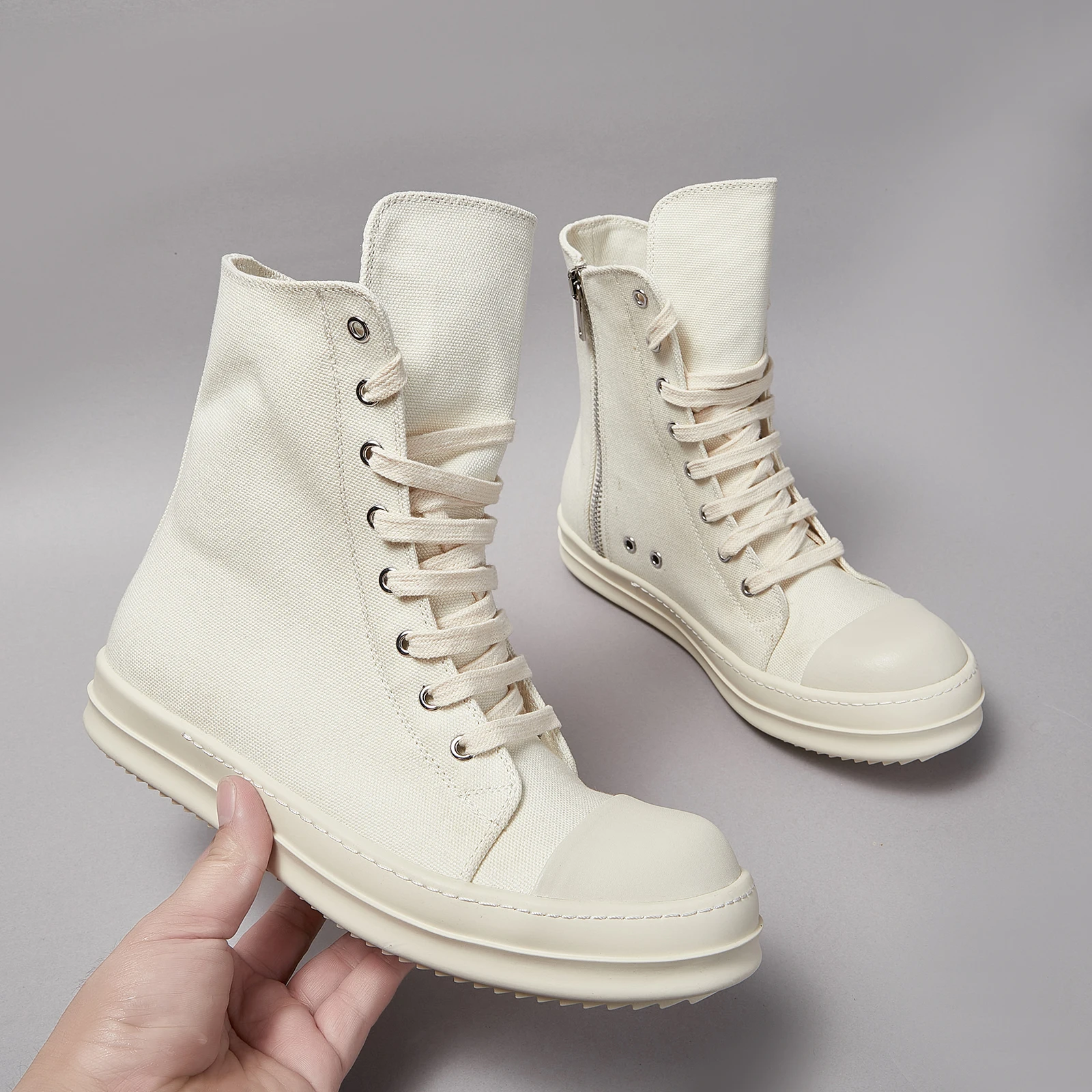 

RO Geobasket Men's & Women's White Canvas High Top Sneakers Lace-Up Zipper Casual Trainers Comfortable Stylish Shoes