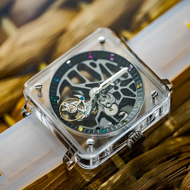 GIV Crystal Tourbillon Watch for Men Transparent Manual Movement Skeleton Wrist watch Sapphire Mirror Waterproof Watch 48 Hour