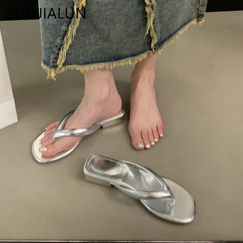 SUOJIALUN-chanclas bajas cuadradas para mujer, zapatos informales de banda estrecha a la moda, zapatillas de playa para exteriores, Sa, 2023