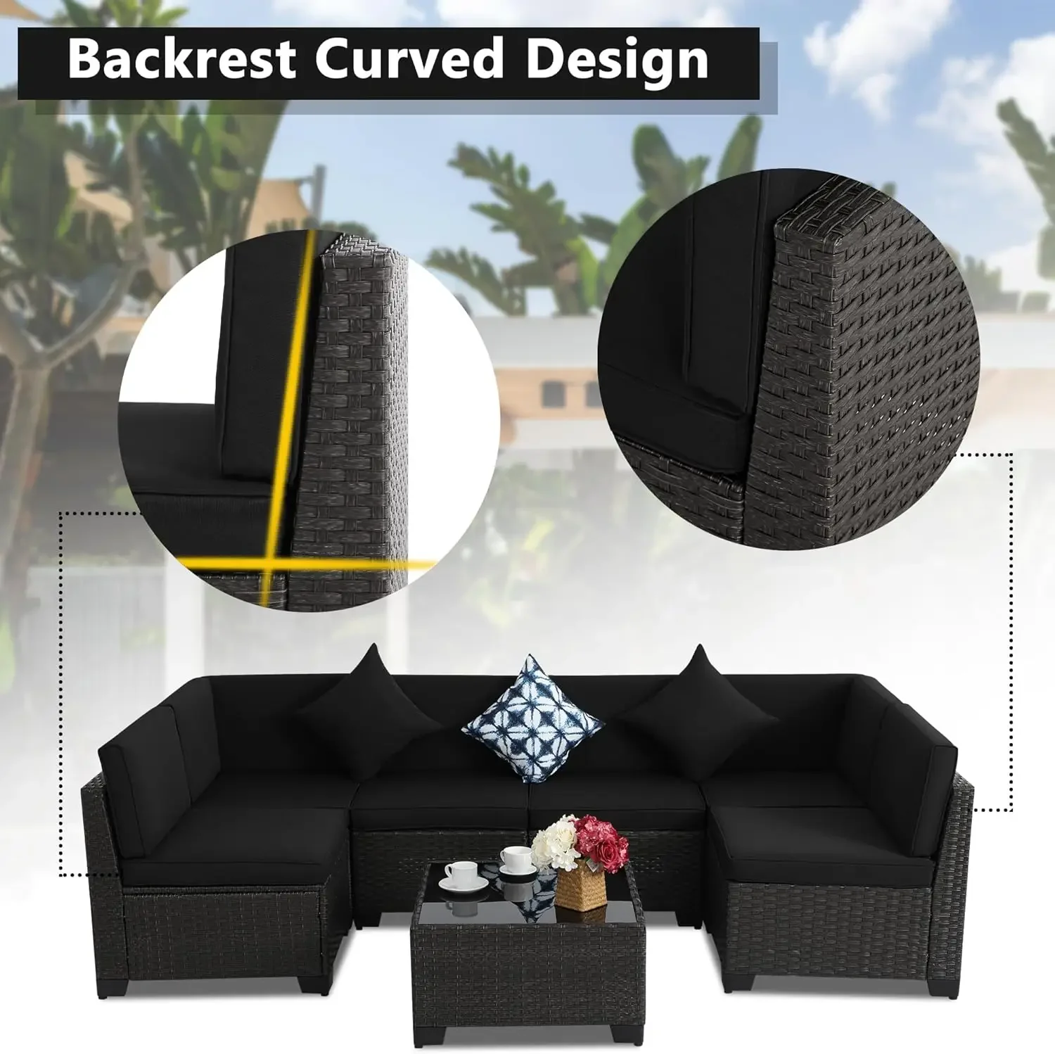 [무료 배송, 특가! ]파티오 가구 세트, 7피스 모듈식 야외 단면 소파, PE 라탄 파티오 대화 세트, 모든 날씨에 적합