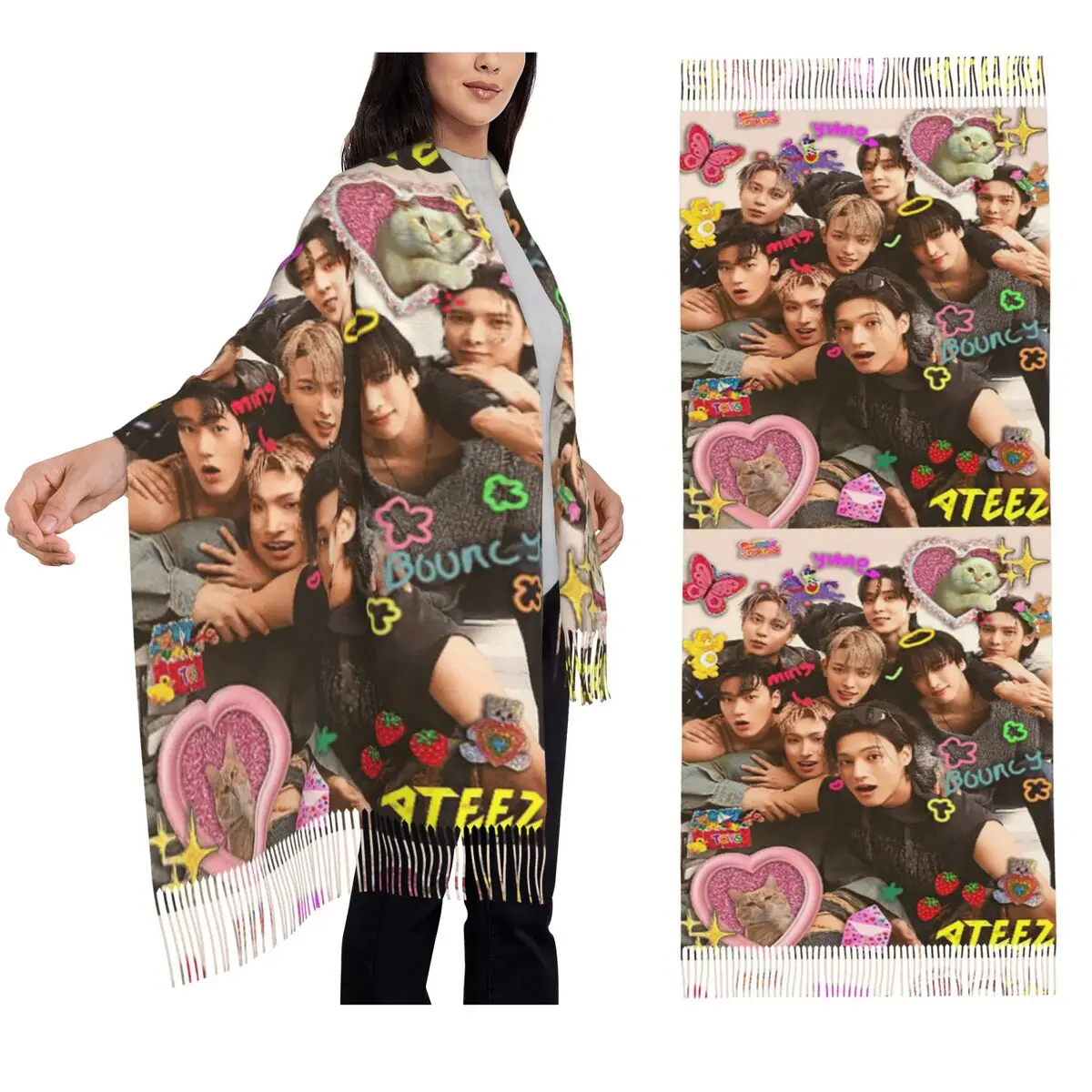 Kpop ستار المغني المعبود ATEEZ ATINY وشاح شرابة الأوشحة النساء شالات دافئة لينة ويلتف كبير الخريف الشتاء شال التفاف