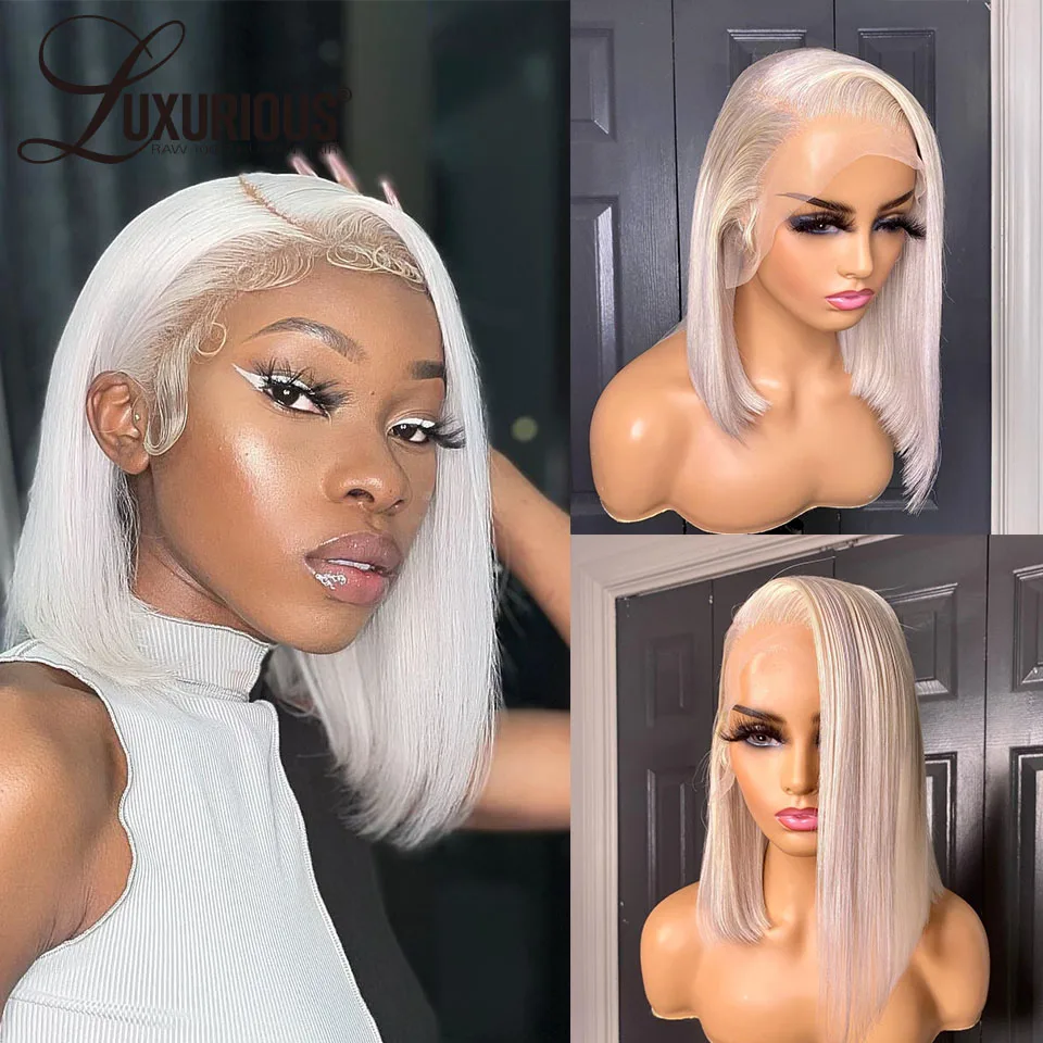 Silver Grey Short Bob Wig Lace Front Human Hair Wigs For Women Transparent 613Colored  #60 White Blonde Frontal Lace Wig