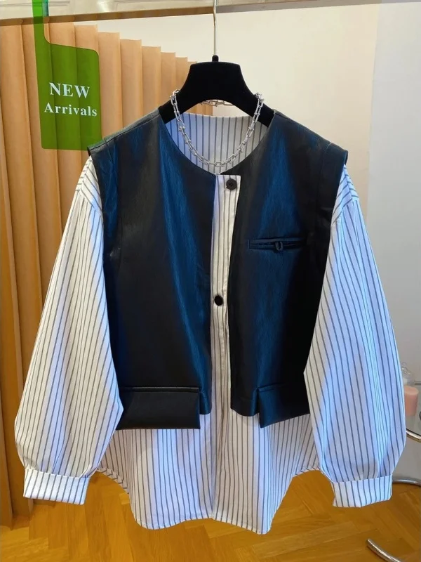 

Fall Large Size 300 Pou High Design Sense irt Striped Ele Fake Two-Piece Upper Apparel Men's Faion Specially Desig...