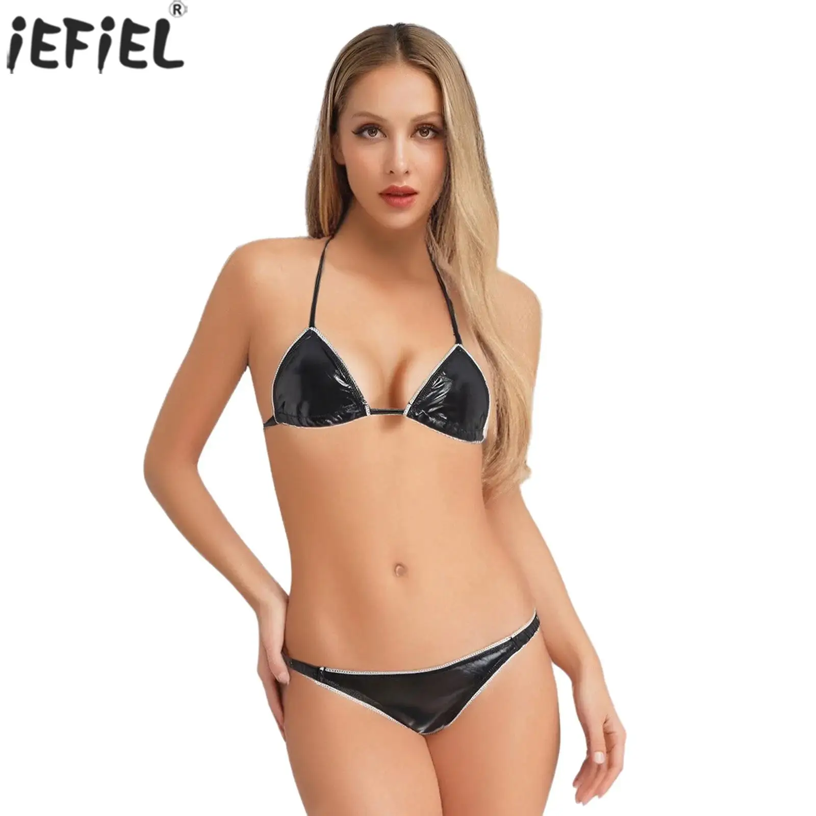 

Two Pieces Sexy Shiny Bikini Suit Women Halter Mini Bra Tops with Low Rise Thong Anime Style Glossy Bathing Suit Lingerie Set
