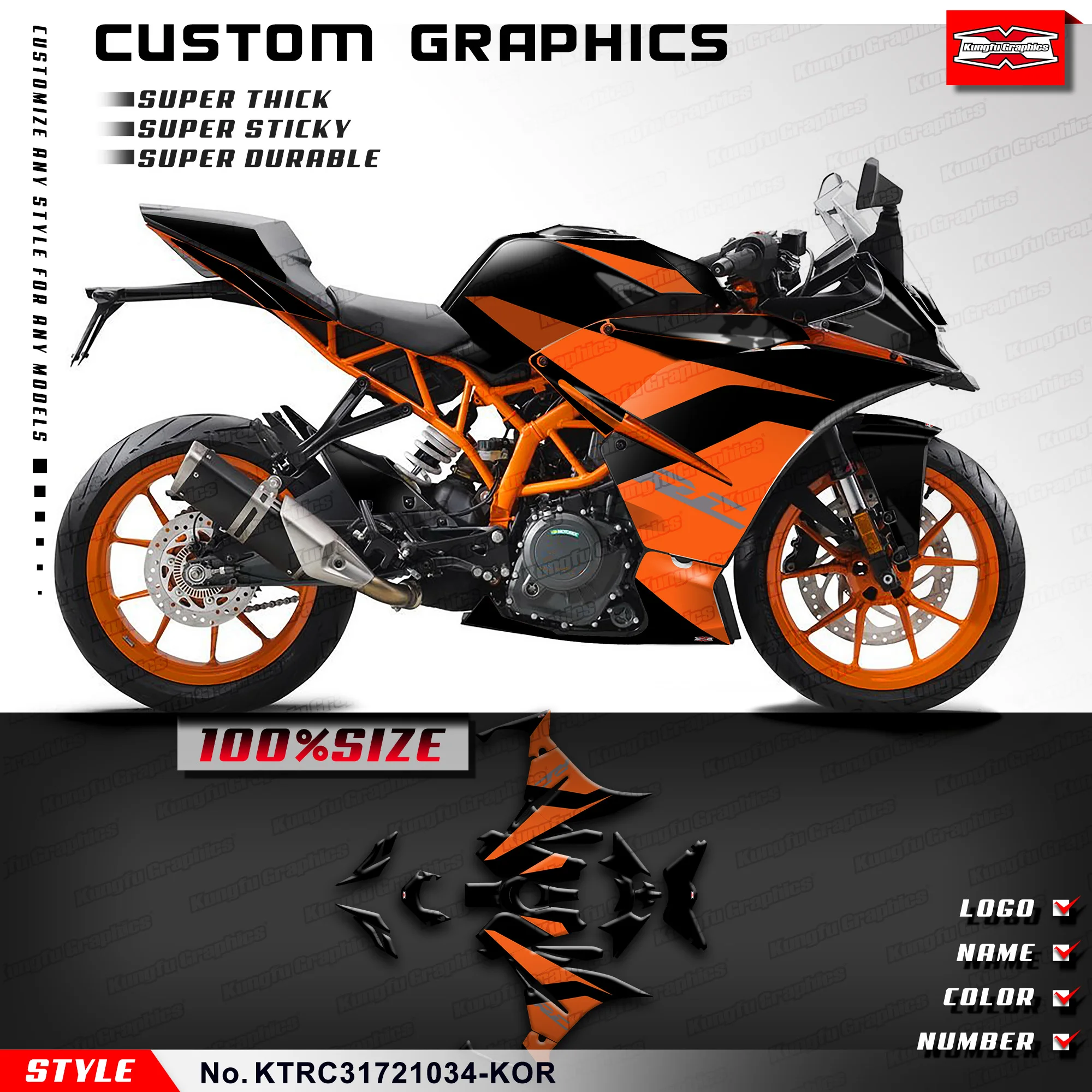

KUNGFU GRAPHICS Motorcycle Graphic Wrapping for KTM RC 125 200 250 390 2017 2018 2019 2020 2021 2022 2023 2024, KTRC31721034-KOR