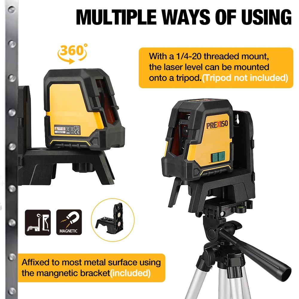 PREXISO 30M/100FT Rechargeable Cross Line Laser Green Line Level Self Leveling Laser and Magnetic Pivoting Base for Construction