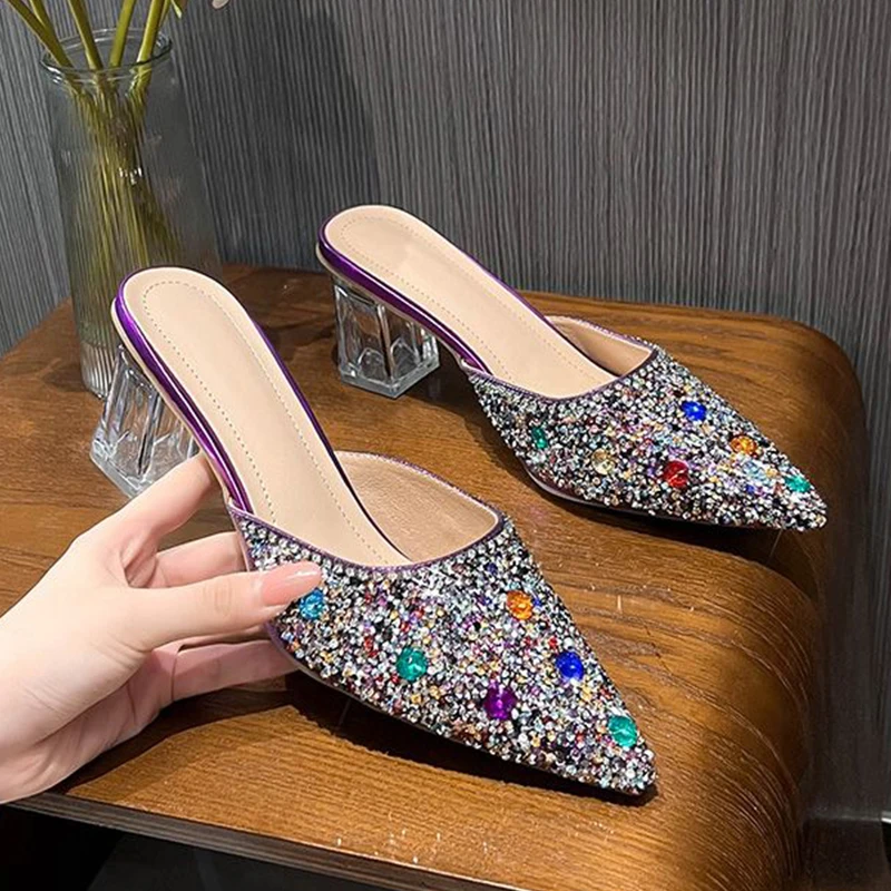 

Luxury Flash Pearl Rhinestone Heels for Ladies Pointed Transparent Crystal Elegant Woman Heeled Shoes Fashion Banquet PartyPumps