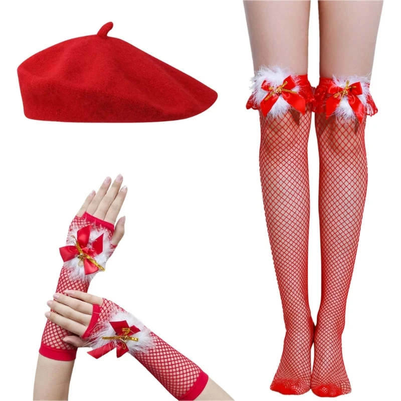 Christmas Hat Gloves Mesh Stocking Unisex Winter Gifts for Adult & Teens Cosplay Santa for Christmas Holiday Party