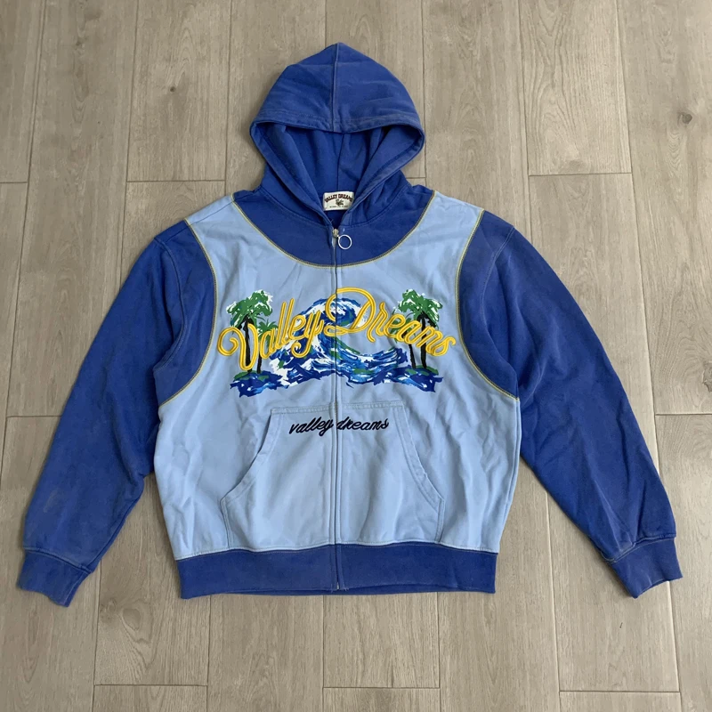 American Street Style VALLEY Zipper Hooded Coats Autumn Winter Heavyweight Embroidery Letter Splicing Men's Women's Hoodies
