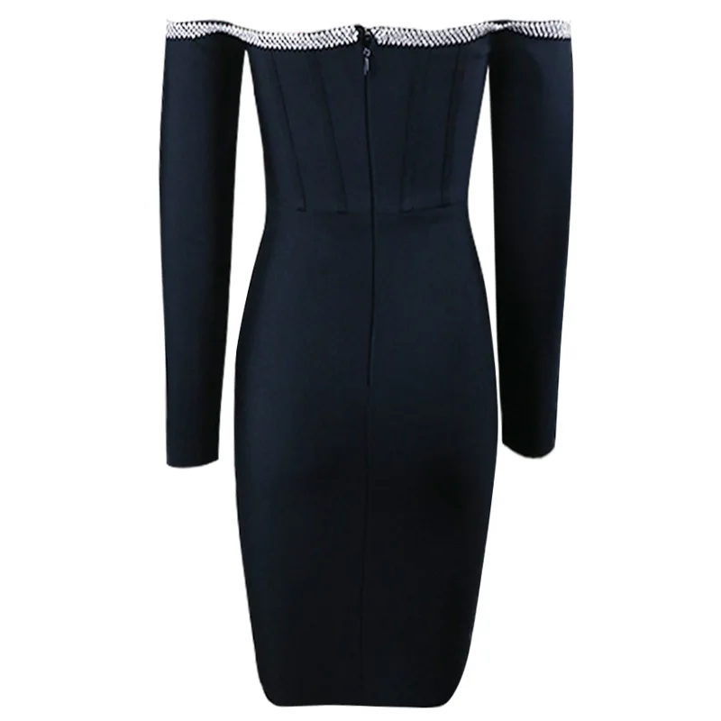 Dress Long Sleeve Black Fishbone Dress Women Rhinestone Sexy Off Shoulder Bodycon Party Dress Short Elegant Womens Party Dresses