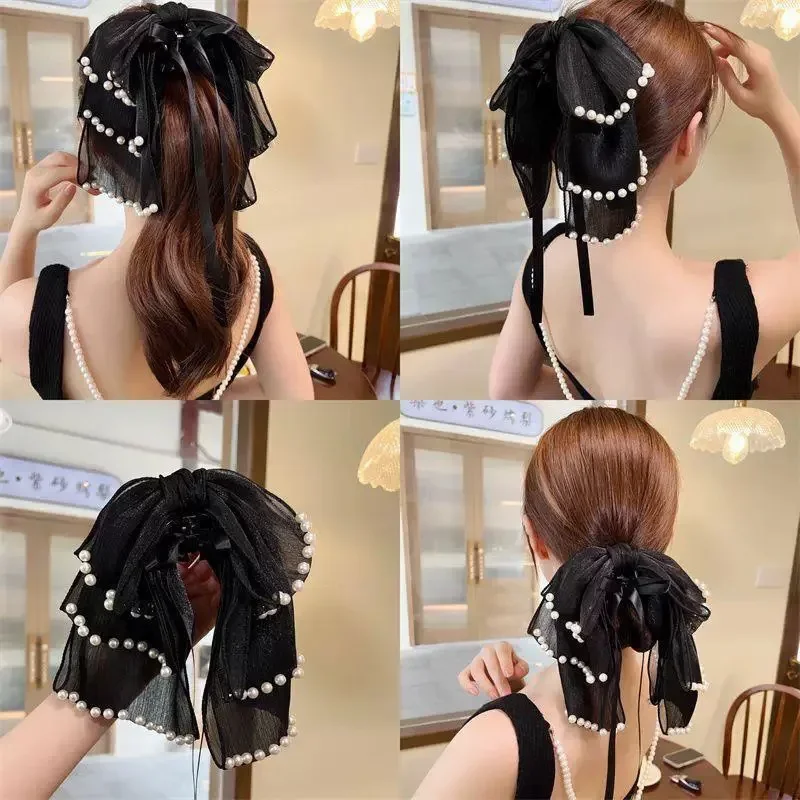 

Большой бант для волос для женщин, длинный атласный шелковый узел, заколки для волос, кружевные черные тюлевые заколки для волос с жемчугом, длинный хвост, бант