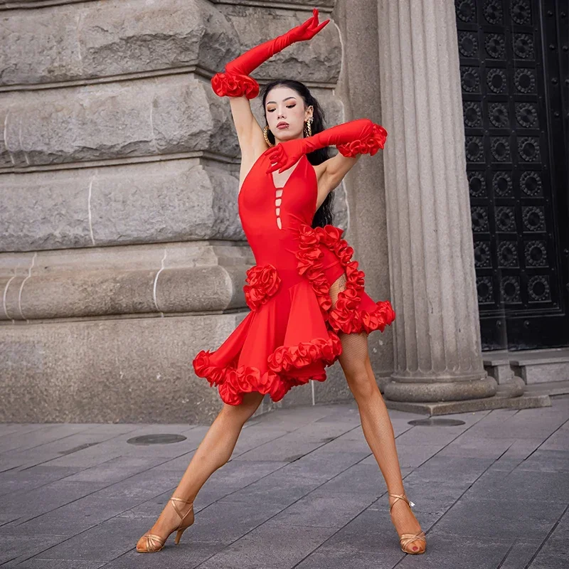 Costume de Spectacle de brevLatine pour Femme, Robe Florale à Col Licou, Tenue de Bal, Cha Cha Régions ba, de Compétition, pour Adulte, Nouvelle Collection