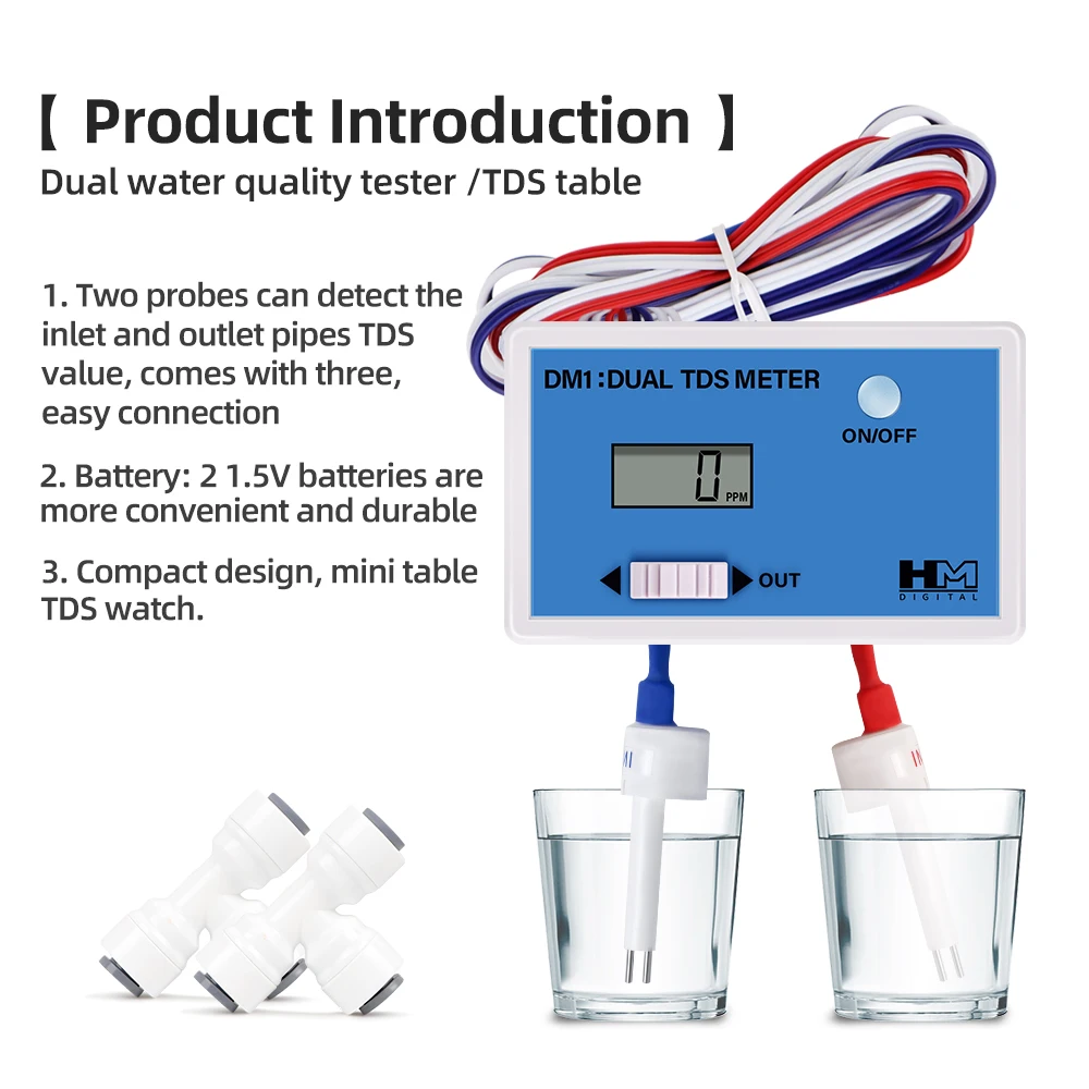 Digital Água Qualidade Tester, Dual TDS, Dual Medidor CE, Aquário Piscina Acessórios, PH Medidor Online, DM1, DM2, 0-9990PPM/us